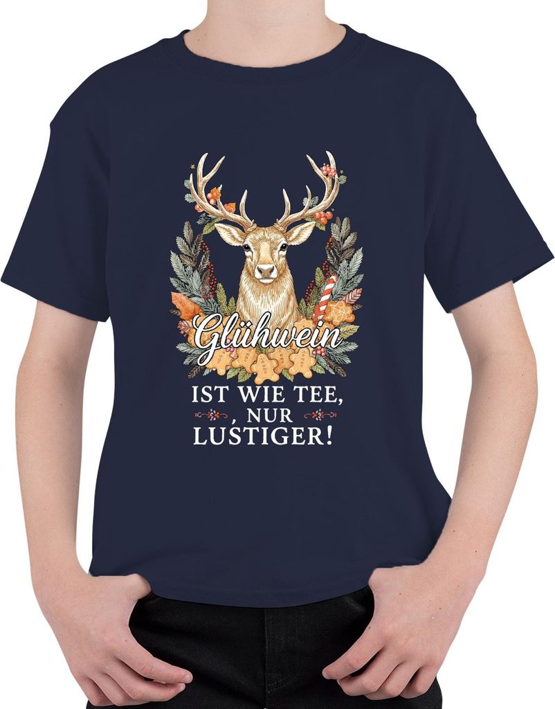 Glühwein ist wie Tee nur viel lustiger Weihnachten Retro Hirsch Uni Kinder T-Shirt, Navy, 104