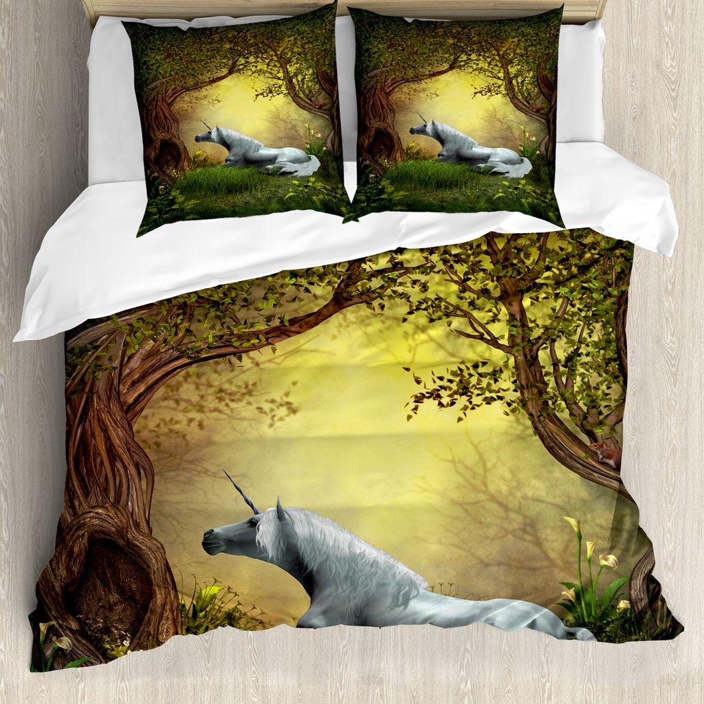 ABAKUHAUS Einhorn Bettbezug, Fantasy Forest, Milbensicher Allergiker geeignet mit Kissenbezügen, 200 cm x 200 cm - 80 x 80 cm, Grün Weiß