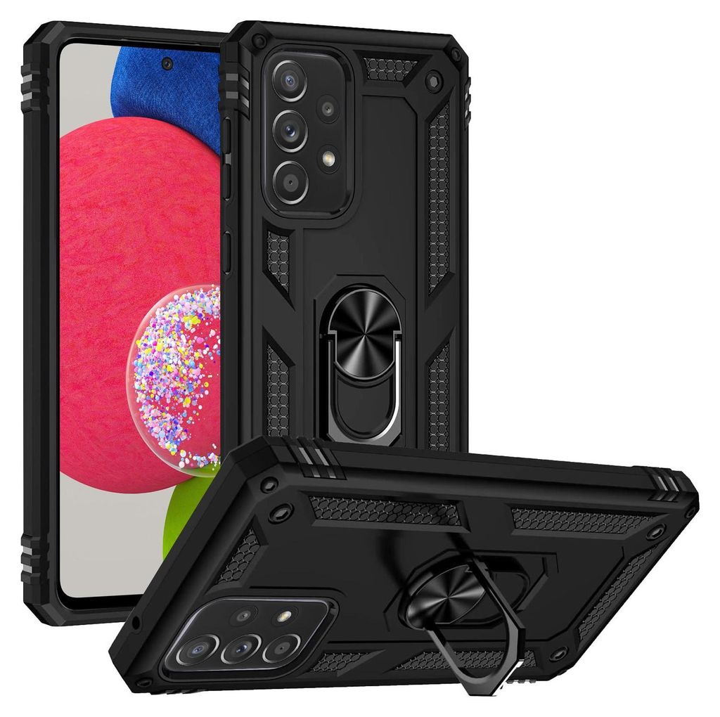 A black protective phone case with a ring holder is displayed against a white background. Another phone case is shown in the foreground, angled to reveal its features.