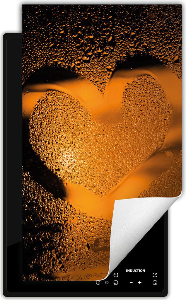 DarHaus Herdabdeckplatte 1 teilig 30x52 cm Anti Rutsch Matte Aufrollbar, orange - Herz - Tropfen