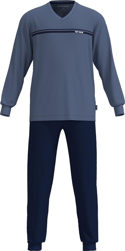 TOM TAILOR Herren Schlafanzug, lang - Pyjama, Bündchen, V-Ausschnitt, SIngle Jersey Blau XL
