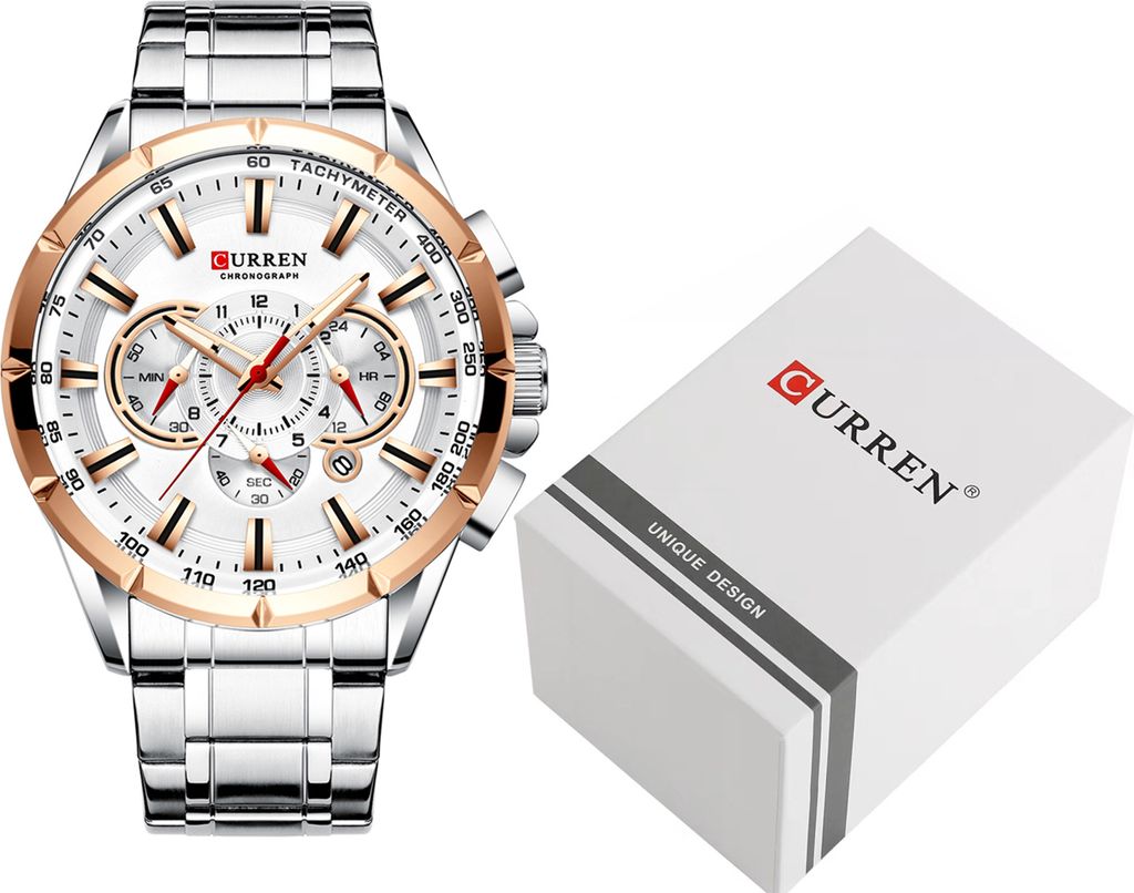 A men's wristwatch and its packaging are displayed on a white background.
