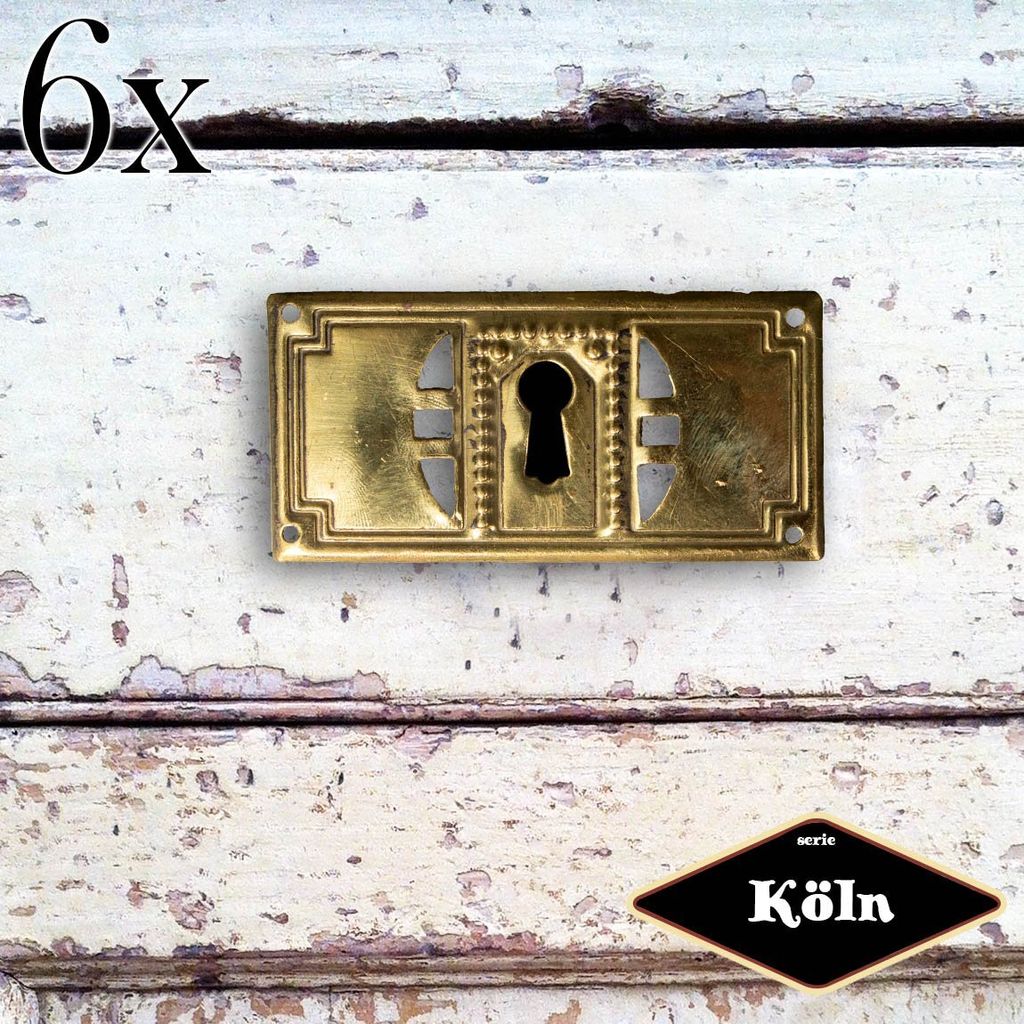 Schlüsselplatte mit Schlüsselloch, Eisen in Messing gl., Serie "Köln", 6er Pack