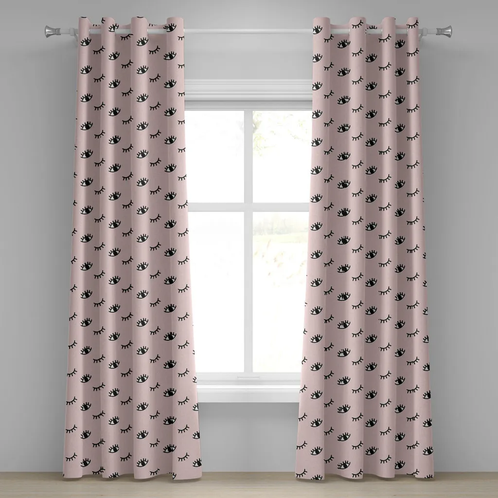 Rideau motifs yeux ouverts et fermés rose et noir 2 panneaux à œillets