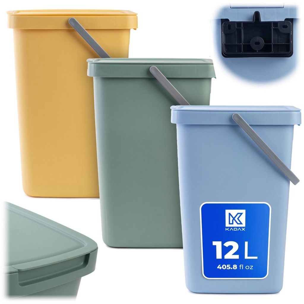 KADAX Abfallbehälter 12L, 3er Set, mit Deckel und Griff, Abfalleimer aus Plastik, Mülleimer, Abfallsammler (Grün, Gelb, Blau)