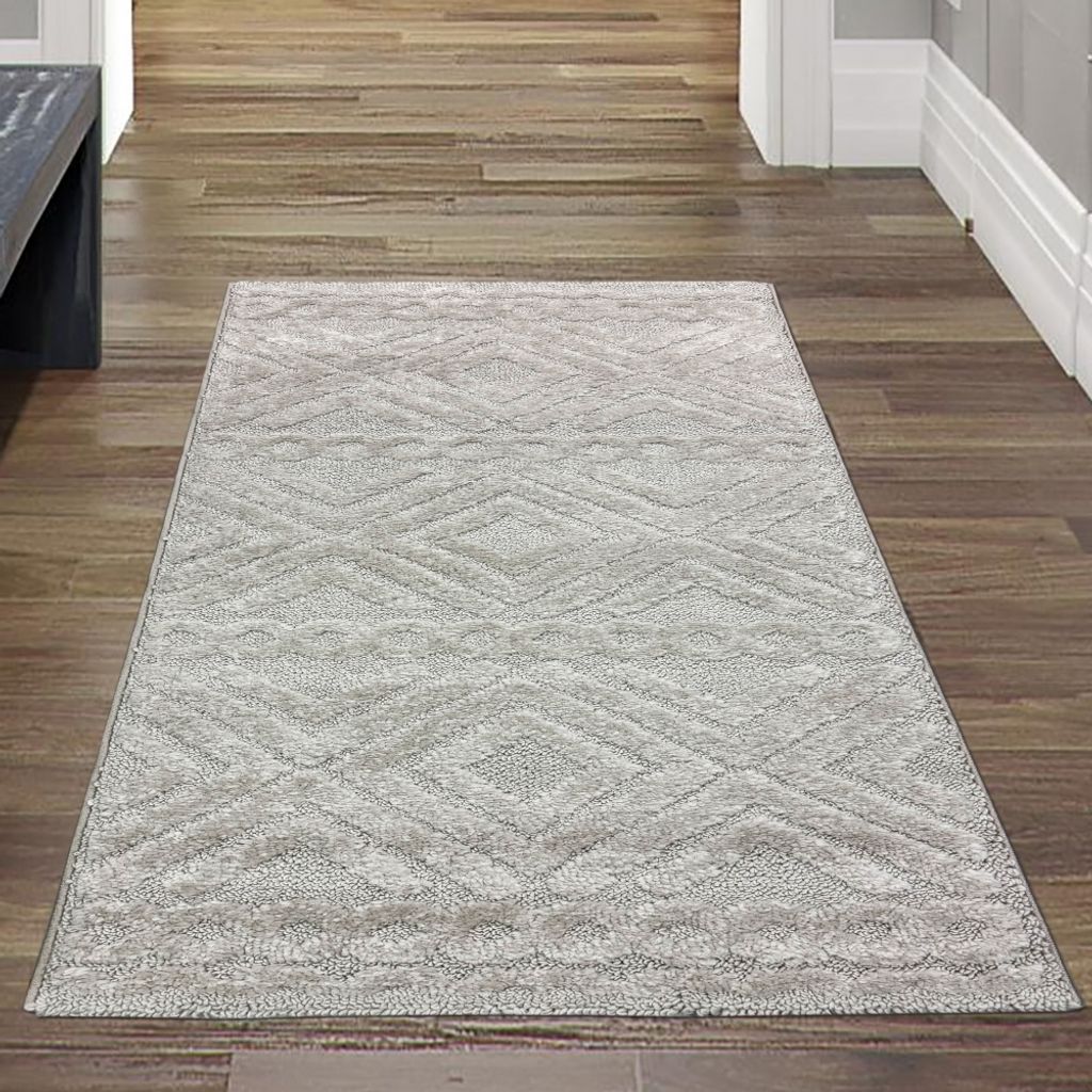 Wohnzimmerteppich Boho Style gemustert mit Rauten und Kreisen in Beige Größe - 80 x 150 cm