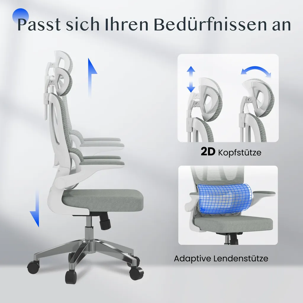FLEXISPOT Chaise de bureau ergonomique grise avec appui-tête 2D réglable