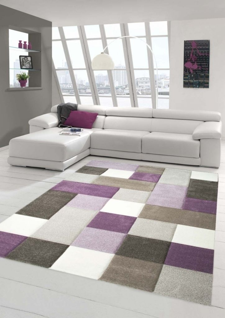 Designer und Moderner Teppich Pastell Farben in Karo Muster Lila Creme Beige Größe - 200 x 290 cm