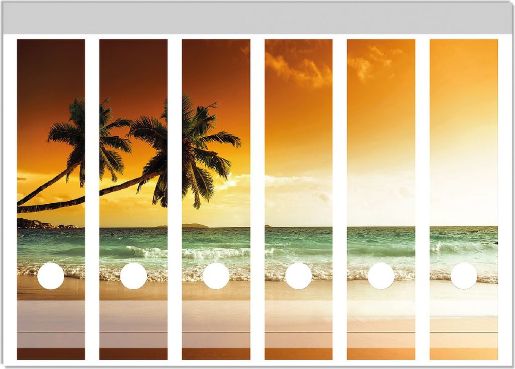 Wallario Ordnerrücken Sticker, selbstklebend für breite Ordner, 6 Stück, Motiv Palmen am Sandstrand bei untergehender Sonne