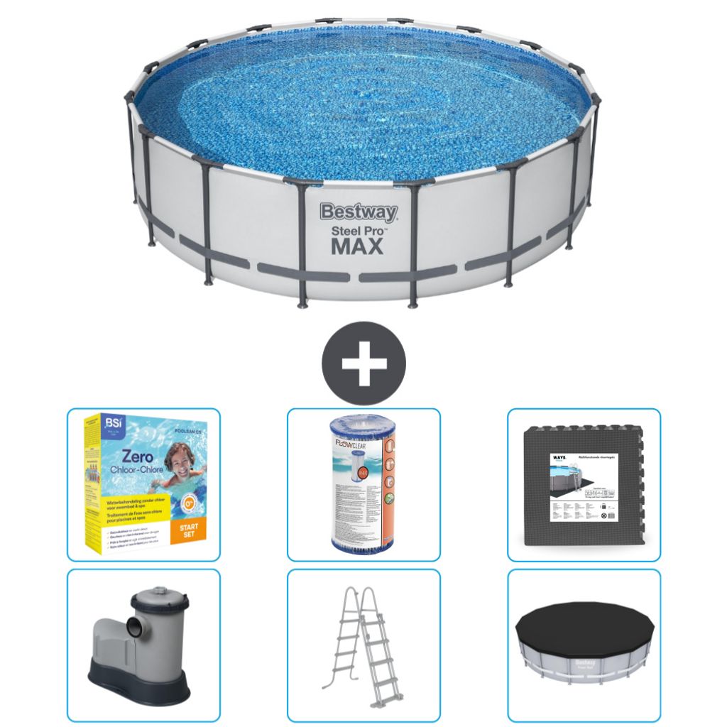 Bestway Round Steel Pro MAX Schwimmbad – 488 x 122 cm – Grau – inklusive Pumpe – Leiter – Abdeckung Wartungspaket - Filter - Bodenfliesen