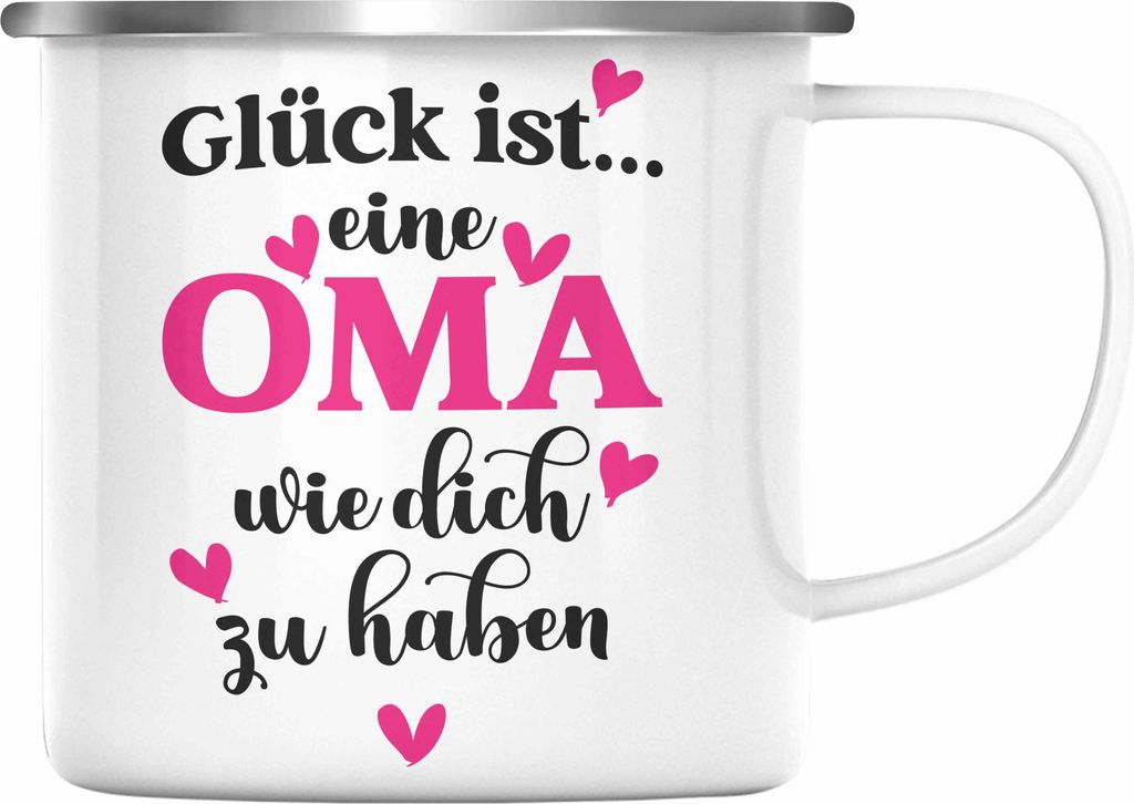 Trendation - Oma Emaille Tasse mit Spruch Geschenk von Enkel für Beste Oma Muttertag Geburtstagsgeschenk (Silber)