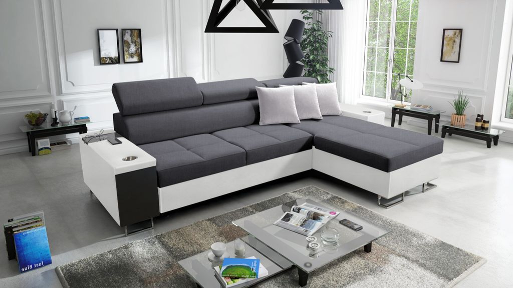 Kaiser Möbel Bequemes Ecksofa mit Schlaffunktion MORENA I MINI Kunstleder/Sawana Weiß/Graphit Rechts