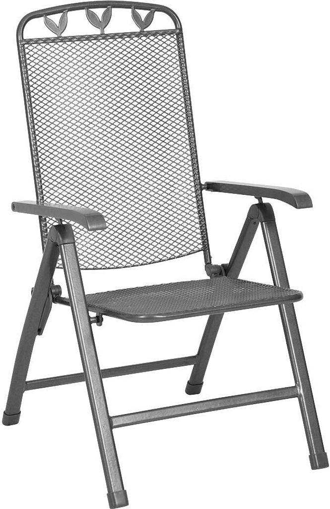 A gray metal folding chair with a mesh back and seat, shown against a white background.