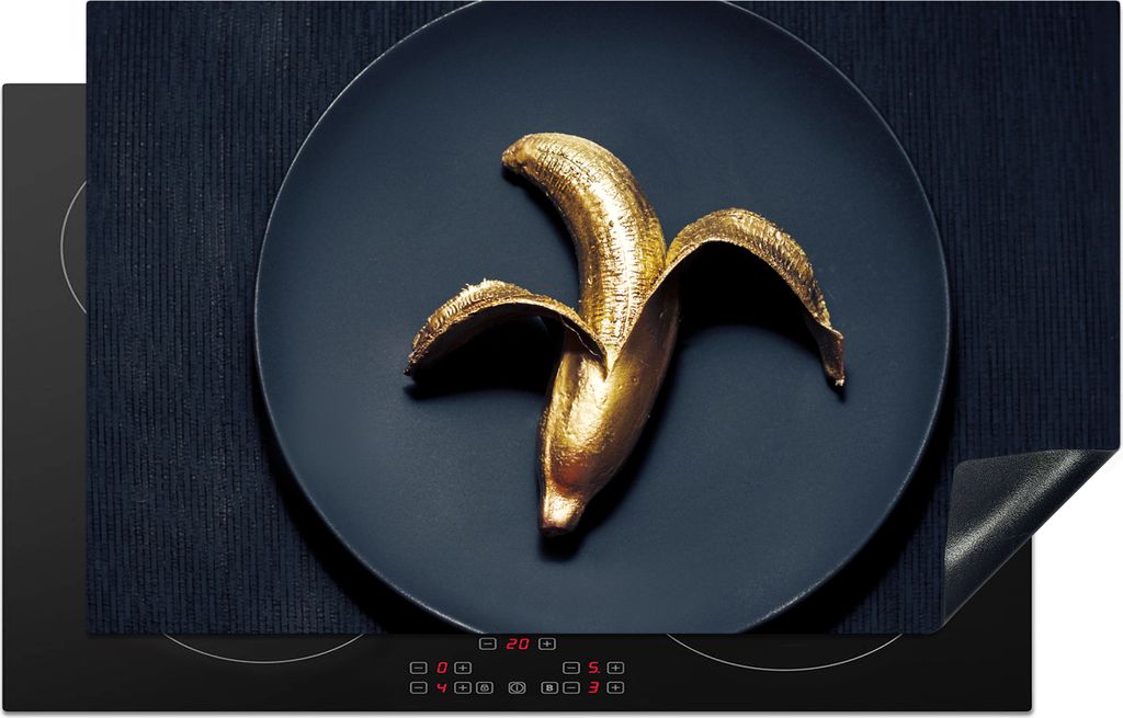 KitchenYeah Herdabdeckplatte Goldene Banane auf dunklem Hintergrund , 83x51cm, Küche Deko, Glaskeramikfeld Herdabdeckung, Abdeckplatte fùr Koch...