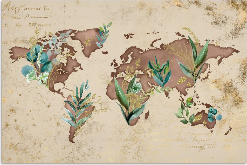 MuchoWow Poster Weltkarte - Retro - Pflanzen 120x80 cm - Bilder