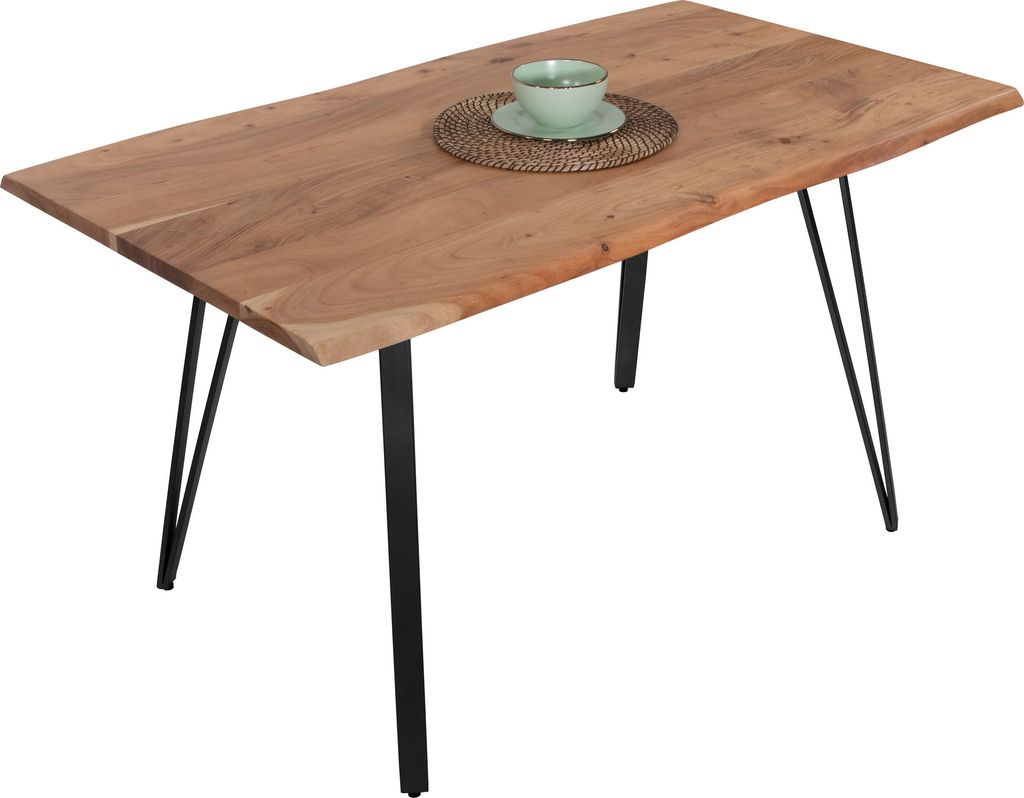 Esstisch Baumkante 140 x 80 cm Akazie massiv naturfarben Metallgestell Schwarz CELIA