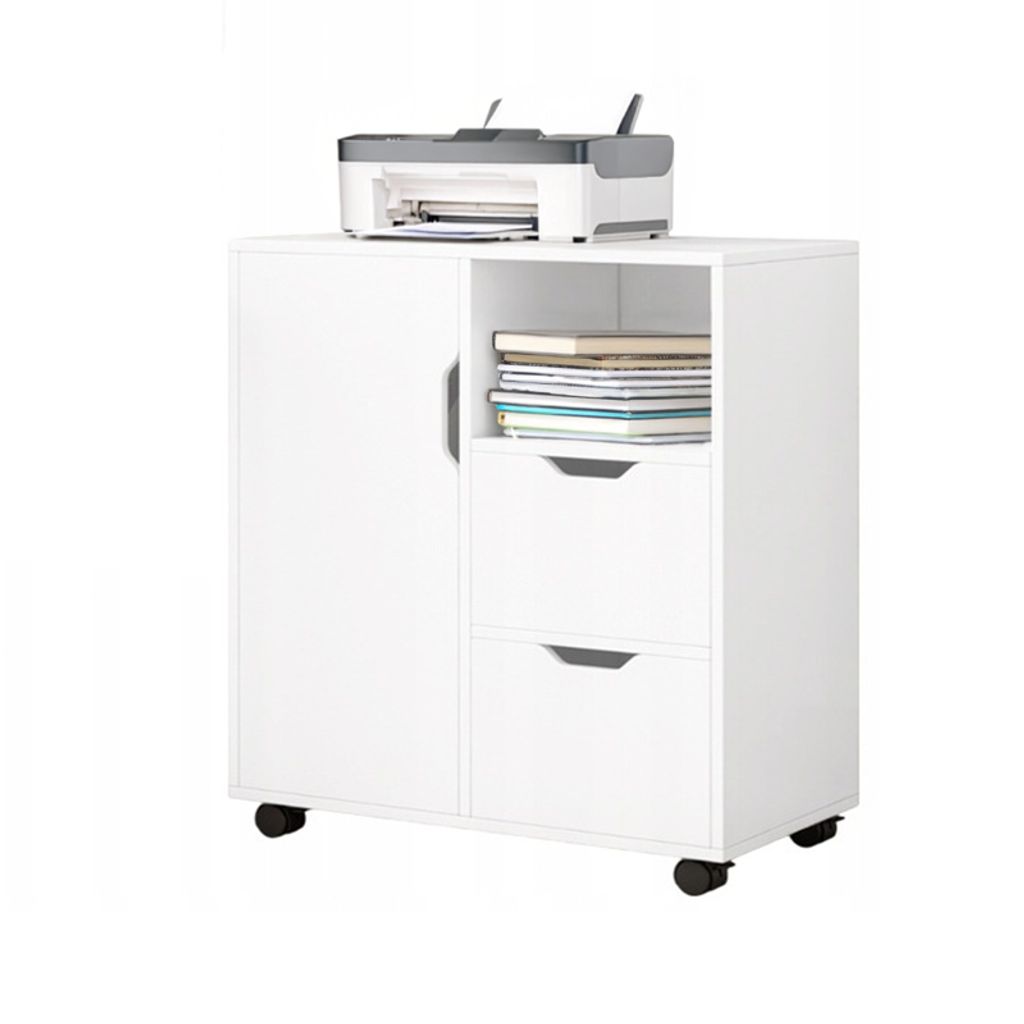 A white storage cabinet with a printer on top, and books and drawers.