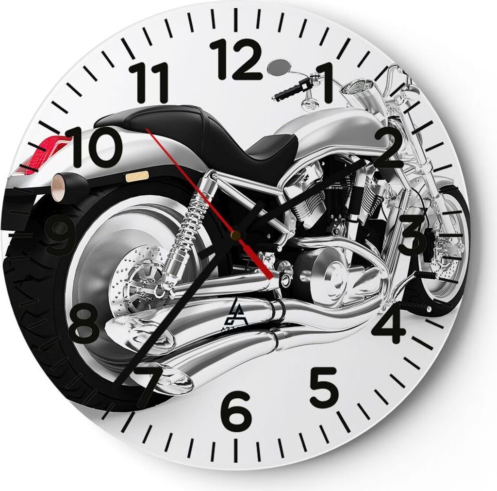 Wanduhr - Rund - Glasuhr - Chopper Motorrad Chrom - 40x40cm - Schleichendes Uhrwerk - Lautlos - zum Aufhängen bereit - Dekoration Modern - Wanddek...