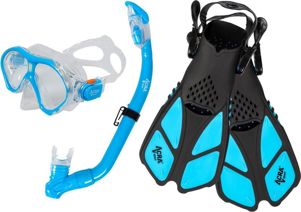 ACRA Kinder 3-in-1 Schnorchelset, blau, Maske, Schnorchel und Flossen 32-34