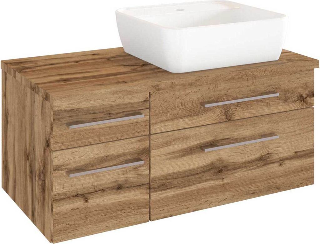 Waschtisch-Unterschrank 90cm in Wotaneiche Nb. TAREE-03 mit Siphonausschnitt Rechts inkl. Keramik Waschbecken B/H/T: 90/55/47 cm