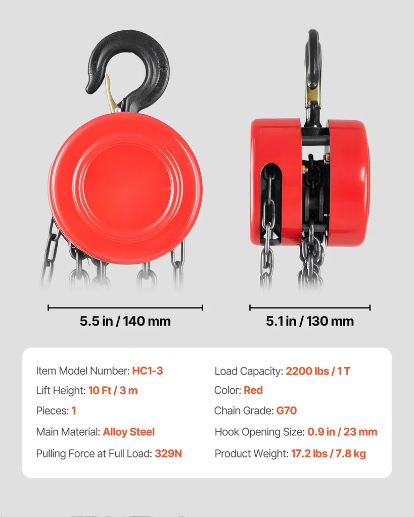 Palan à chaîne G70 charge 1t levage 3m version manuelle rouge robuste