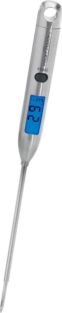 A digital thermometer with a silver metal body and a blue LCD screen showing a temperature reading.