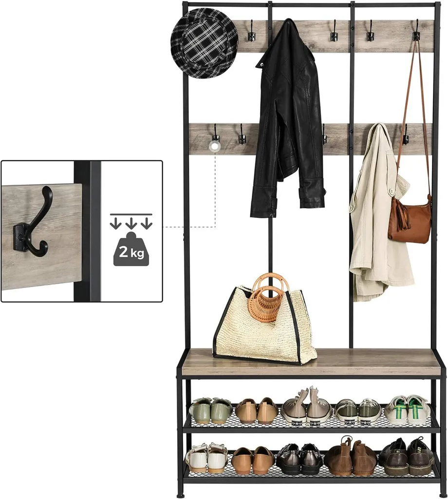 VASAGLE Grand Portemanteau avec Banc, Meuble d'Entrée Design Industriel
