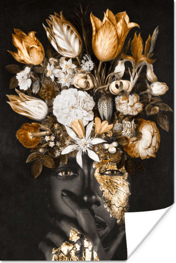 MuchoWow Poster Frau - Blumen - Gold 60x90 cm - Wanddekoration