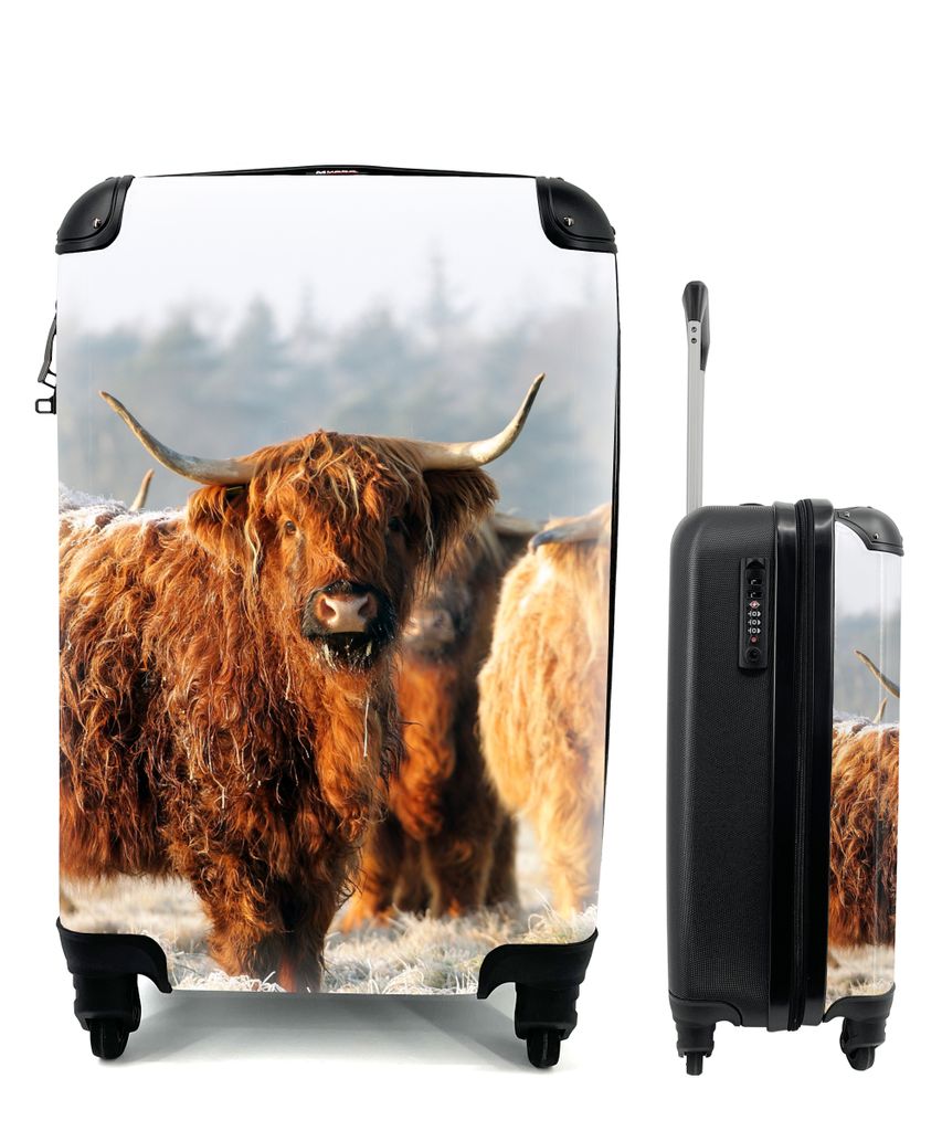MuchoWow Koffer Handgepäck Trolley Rollkoffer Kleine Reisekoffer mit 4 Rollen - Schottische Highlander - Schnee - Wald - Cabin Size < 55x40x23 c...