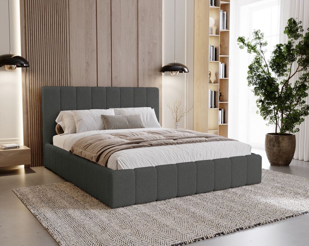 BESILIO Polsterbett Boucle 180x200 Lexy - Lattenrost, Kopfteil, Bettkasten, schmales Bett - Grau