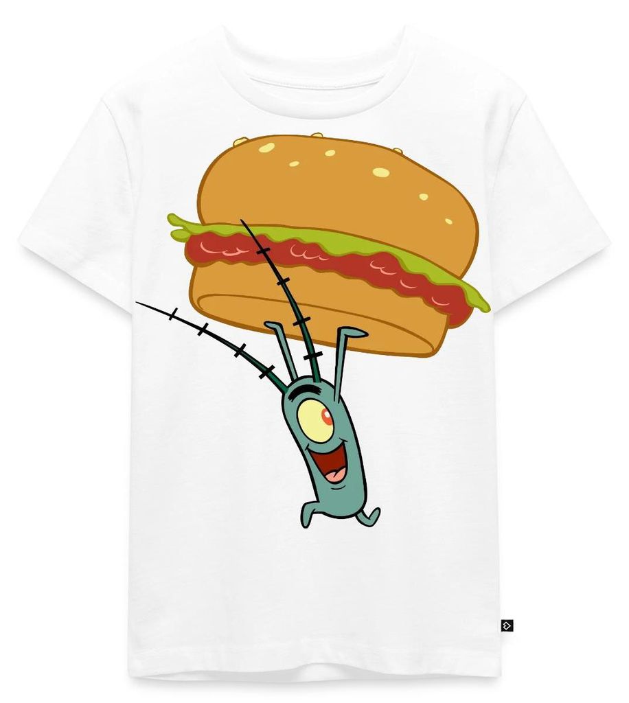 Spreadshirt Spongebob Schwammkopf Plankton Mit Hamburger Kinder Premium T-Shirt, 98/104 (2 Jahre), Weiß