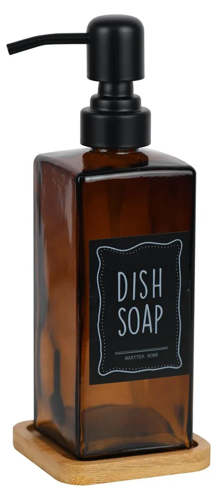 Accessoire de cuisine : distributeur savon verre ambre et bois bambou