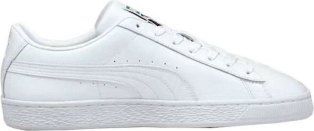 A side view of a white Puma sneaker.
