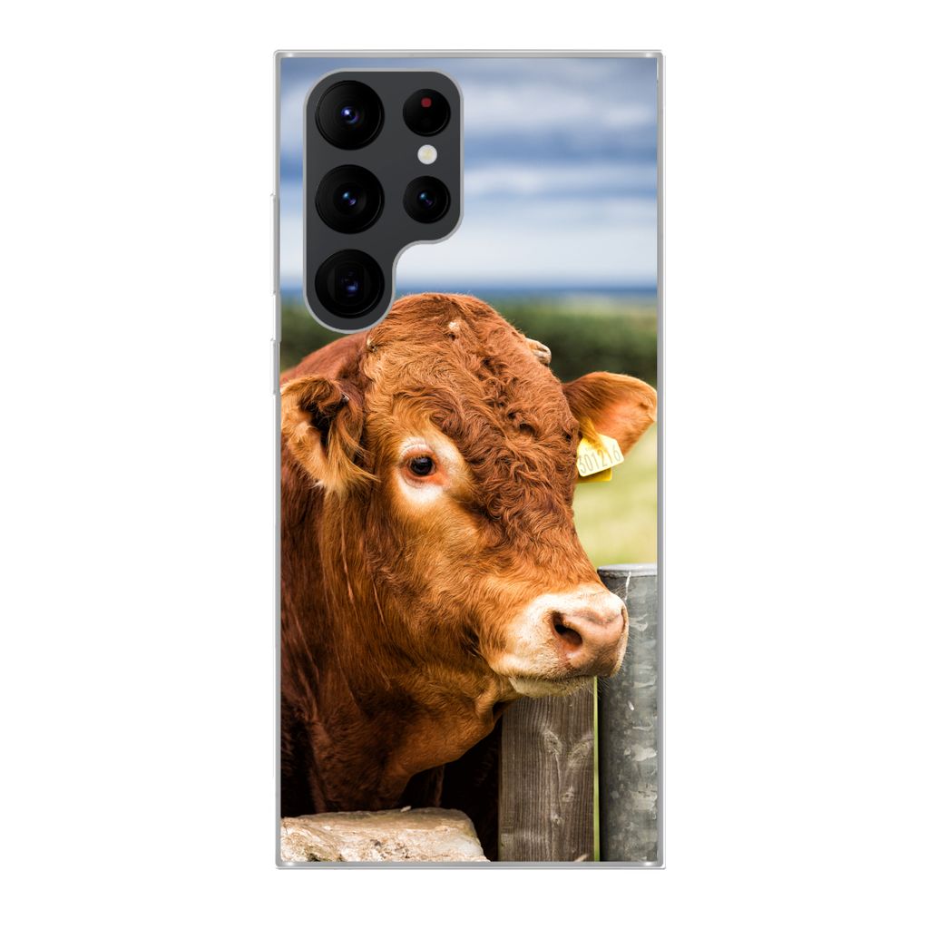 MuchoWow Handyhülle Schutzhülle Hülle für Samsung Galaxy S22 Ultra Schottischer Highlander - Berg - Zaun Silikon Softcase Handy Hülle - Abbi...