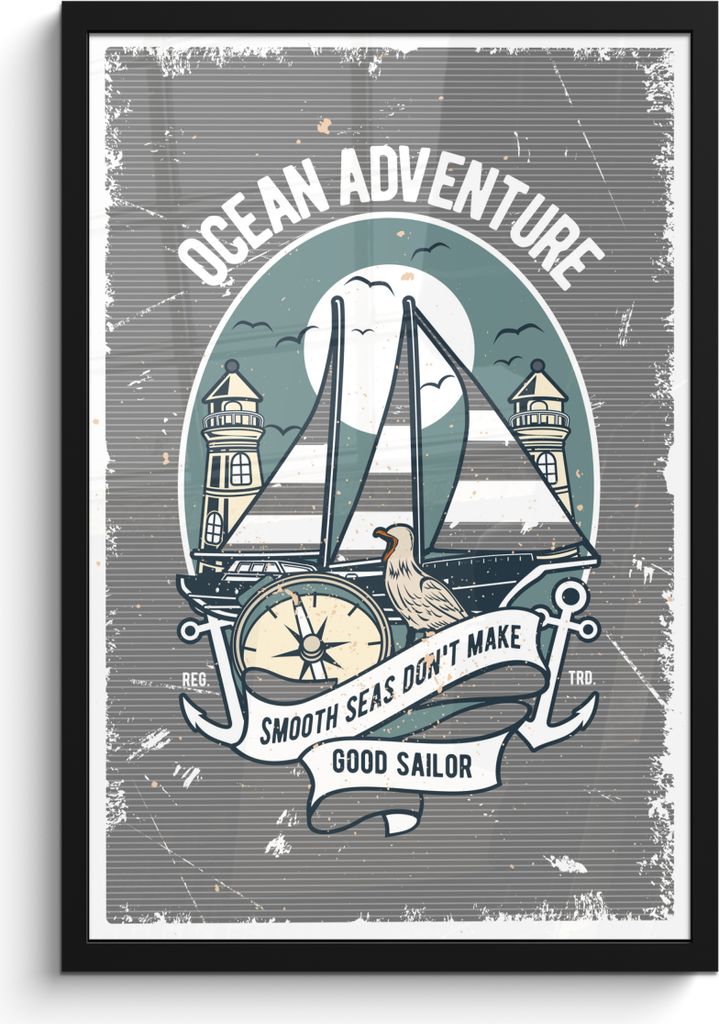 MuchoWow MuchoWow Gerahmtes Poster Boot - Segeln - Kompass - Retro 40x60 cm - Poster mit zchwarzem Bilderrahmen - Papierdruck - Wandbilder