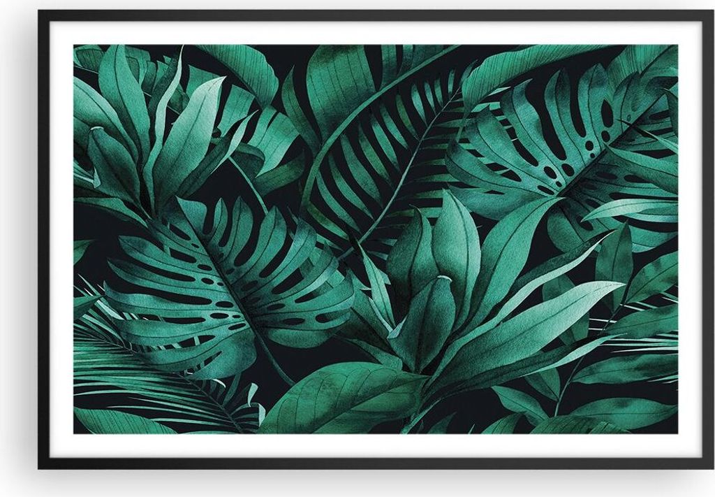 Gerahmtes Poster - Schwarzer Rahmen - Blätter Grafiken Monstera - 91,5x61 cm - Wand Bild - Wanddeko - Wandbilder - Kunstposter - Wandposter - Bild...