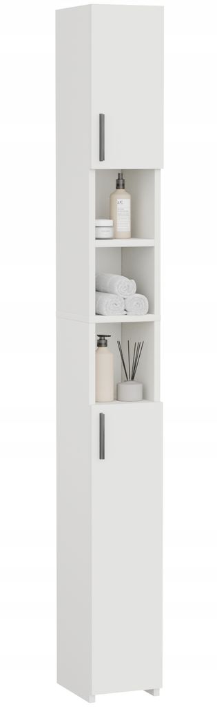 A tall, slim white bathroom cabinet with open shelves and doors.