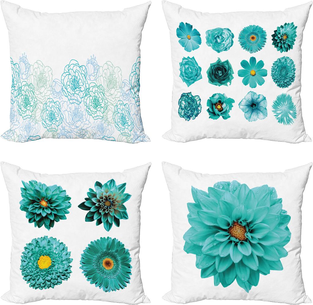 ABAKUHAUS Blumen Dekokissen Kissenbezug 4er Pack, Aquatic Farbpalette Blume, Modern Accent Doppelseitiger Digitaldruck, 40 x 40 cm, Weiß und Türkis