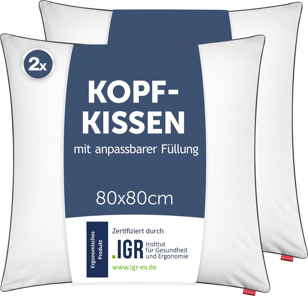 2er Set Blumtal Kopfkissen 80x80 – orthopädische Nackenstützkissen – anpassbar, Mikrofaser, waschbar, für Allergiker & Seitenschläfer