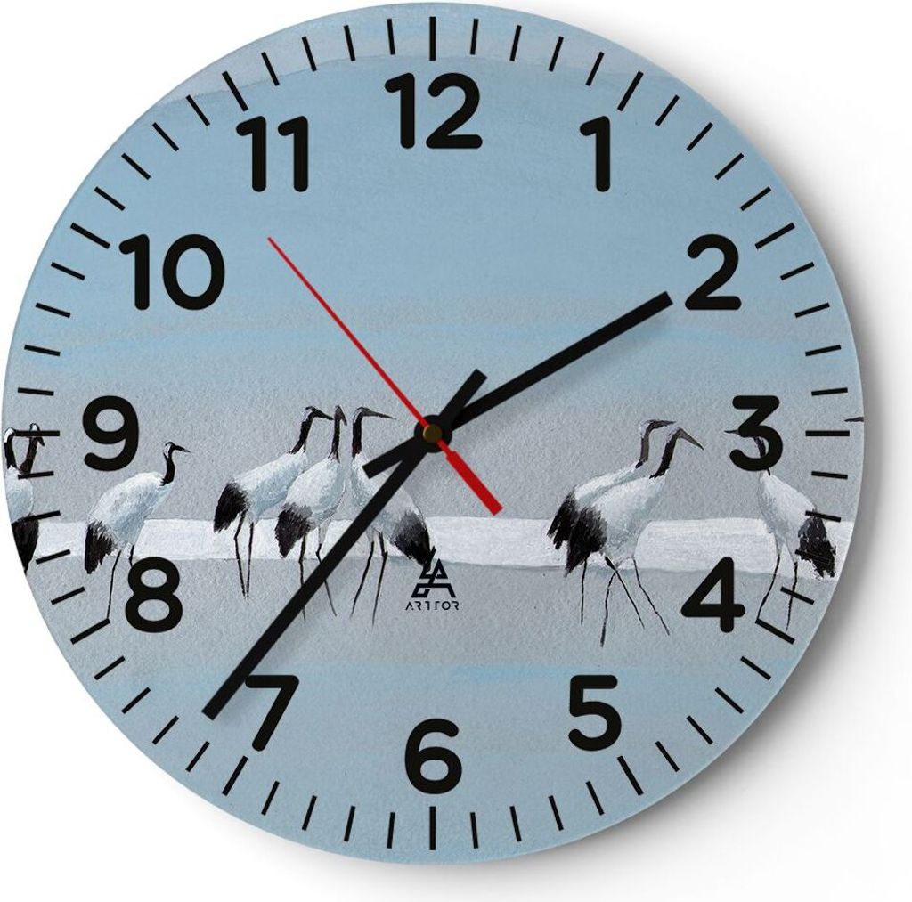 Wanduhr - Rund - Glasuhr - Vögel Kraniche Natur - 40x40cm - Schleichendes Uhrwerk - Lautlos - zum Aufhängen bereit - Dekoration Modern - Wanddeko...
