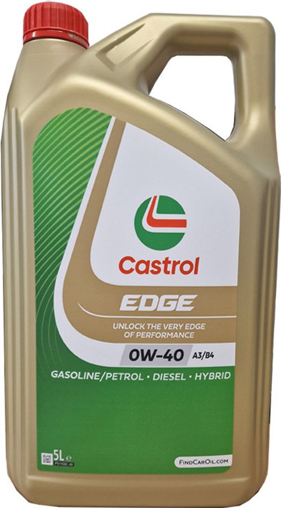 A gold plastic jug of Castrol Edge 0W-40 motor oil.