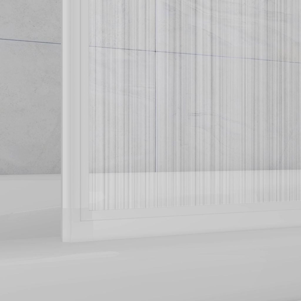 A close-up view of a white, three-panel shower screen for a bathtub, with a frosted plastic finish and vertical lines.