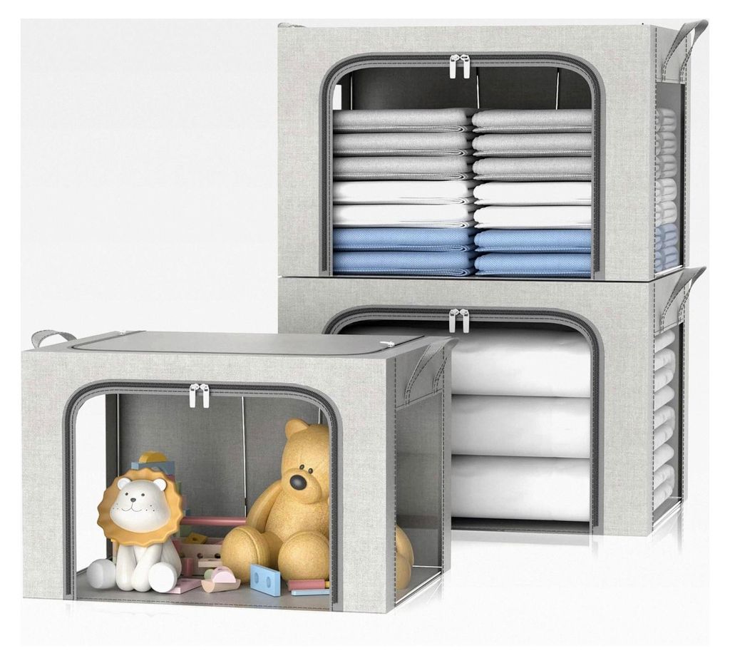 Aufbewahrungsbox für Kleidung, 3 Stück, Faltbare Box mit Metallrahmen und 3 Fenstern, Aufbewahrungstasche für Bettdecken, Decken und Kleidung, G...