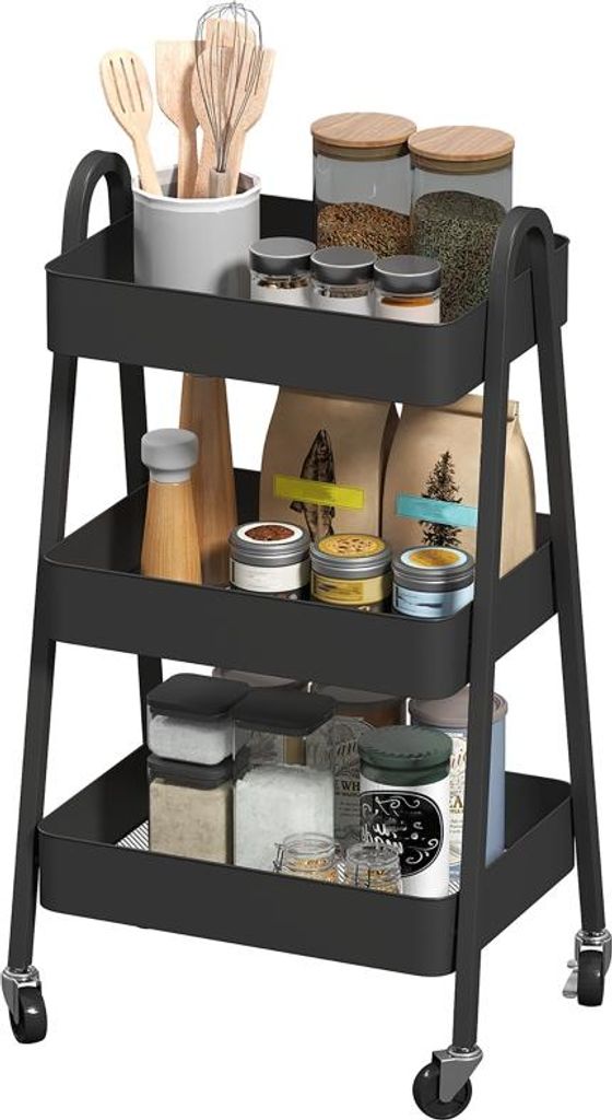 Dreistöckiger Küchenwagen mit Rädern und Griff, mit Bremse und Ablage, multifunktional für Küche, Büro und Badezimmer, schwarz.