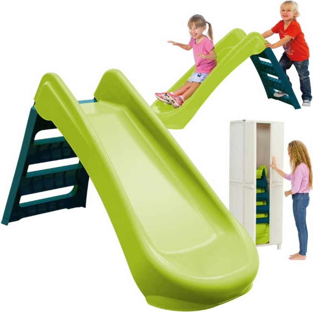 Children playing on a slide and a girl opening a storage cabinet.