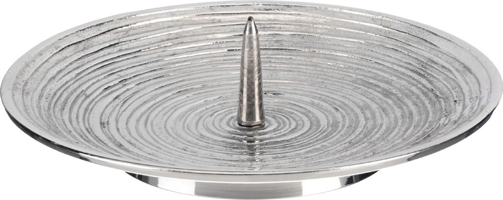 Kerzenteller mit Dorn (Rillen) Messing vernickelt 10 cm Durchmesser