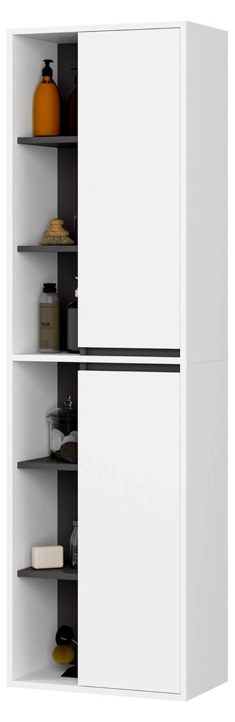 Hängender Bad-Hochschrank VAMI - 2 Türen, 10 Regalböden - Feuchtigkeitsbeständig - Laminierte Spanplatte - Badmöbel - Hoch Badschrank für Kos...