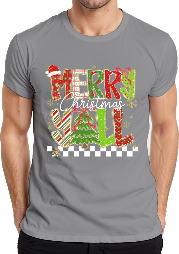 Merry Christmas Y'all Weihnachten Tannenbaum gestreift Glitzer Herren T-Shirt, Grau, S