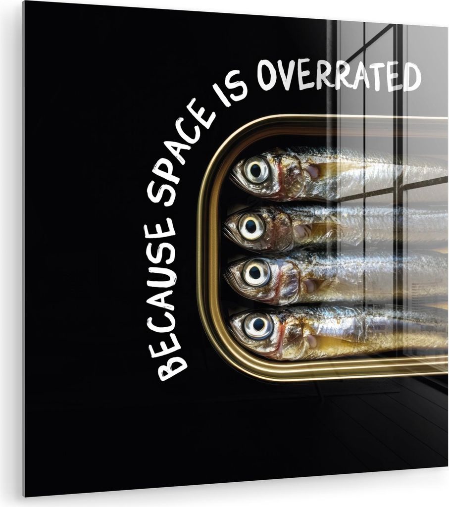 MuchoWow Glasbilder - Bilder auf Wandbild - Foto auf Glas Sardinen - Text - Fisch - Konserven 20x20 cm Wanddekoration aus Glas - Acrylglasbild - Ac...