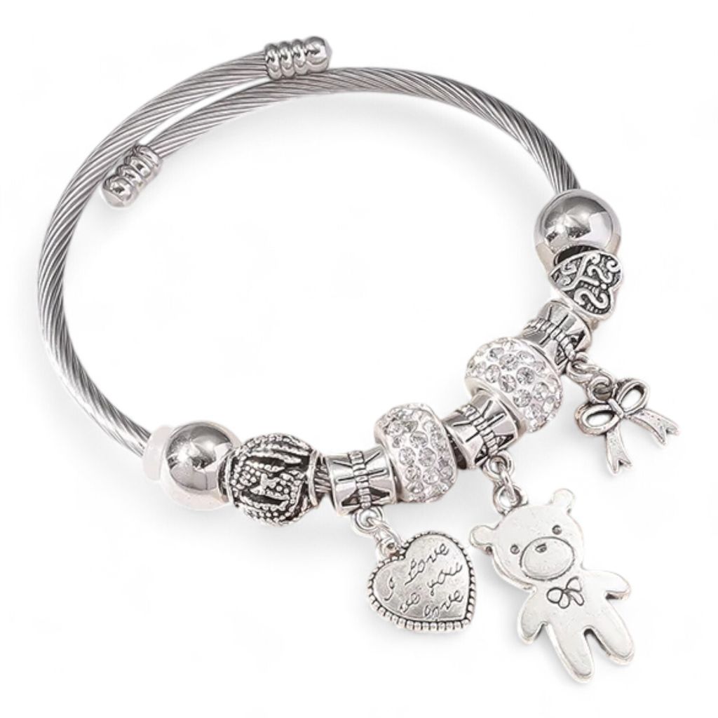 Verspieltes Silber Armband Anhänger Teddybär Herz Schleife Kugeln Zirkon